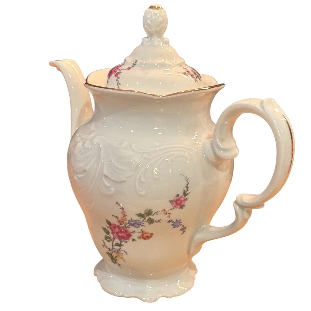 WAWEL POLAND Vintage China Teapot - Rose Floral Gold Trim Mid Century